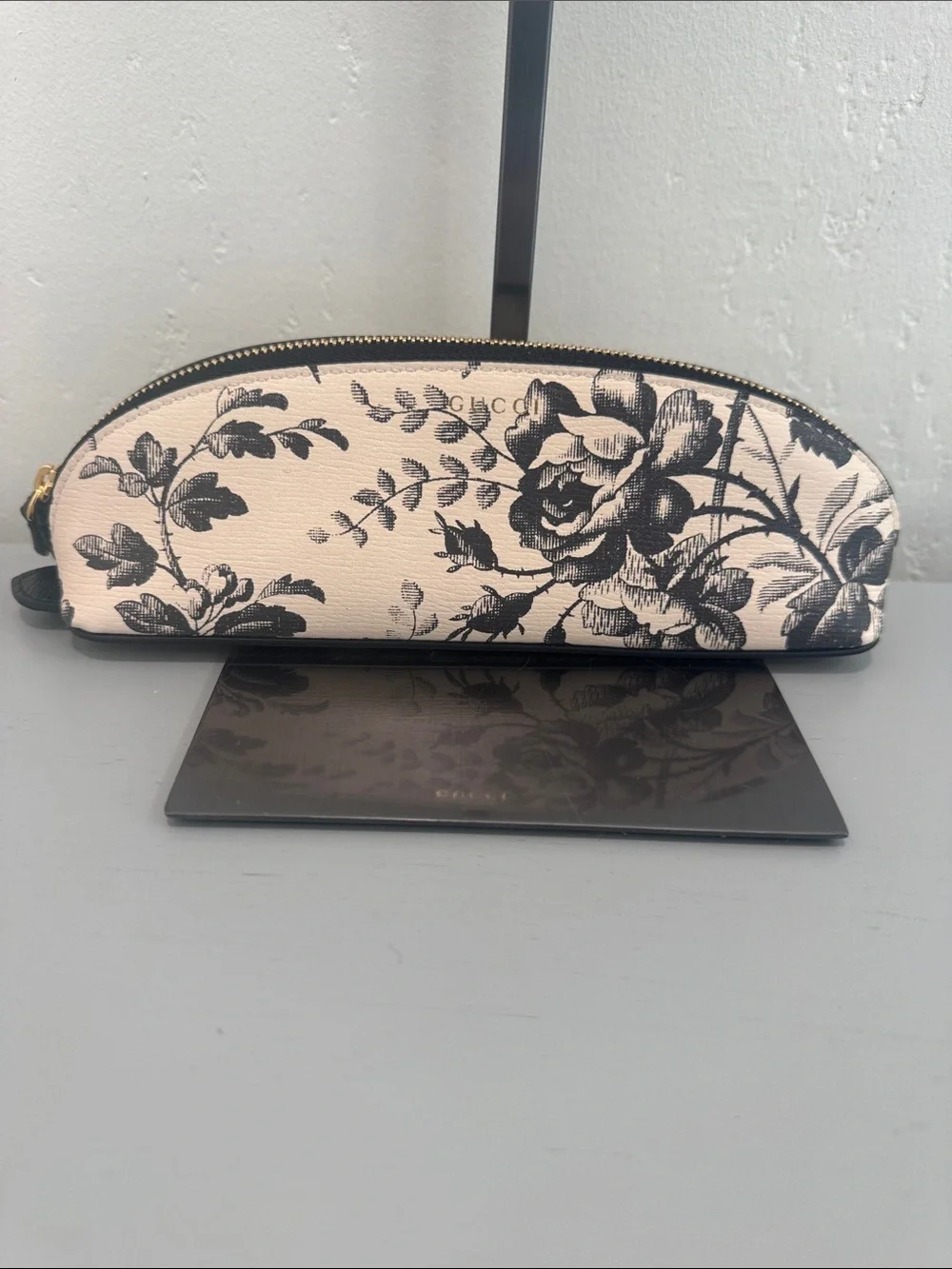Gucci Black and Cream Floral Zip Pouch